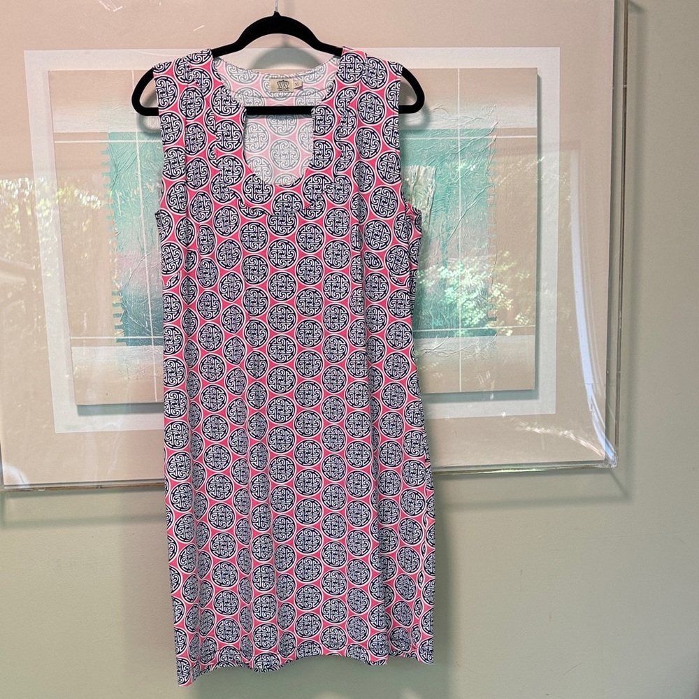 Katherine Way Vibrant Pink and Blue Geometric Midi Dress